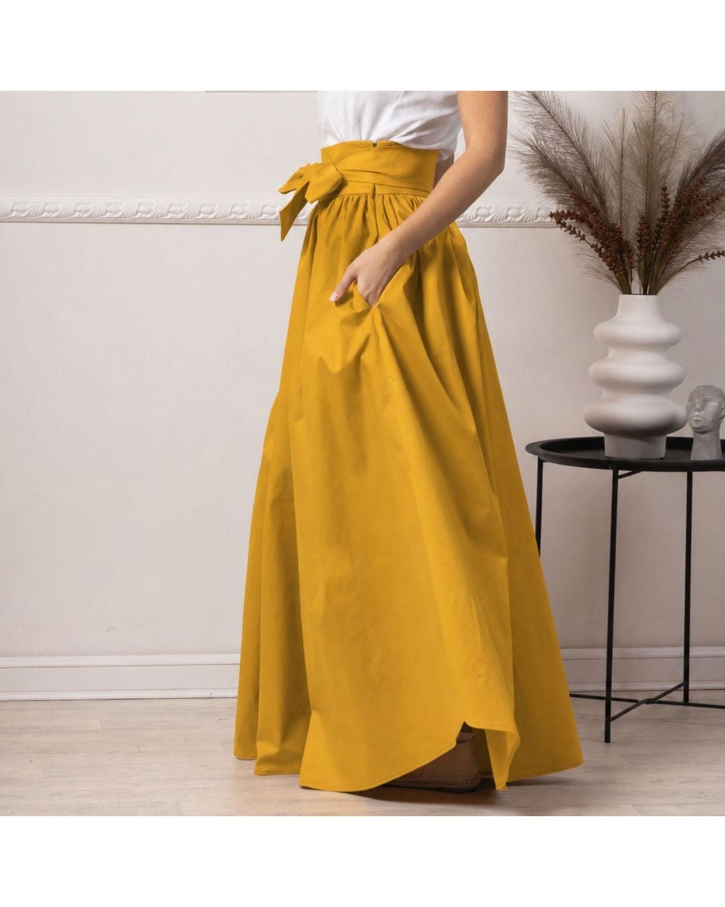 Nikka Place Yellow Floor Length Summer Skirt With Pockets And Bow
