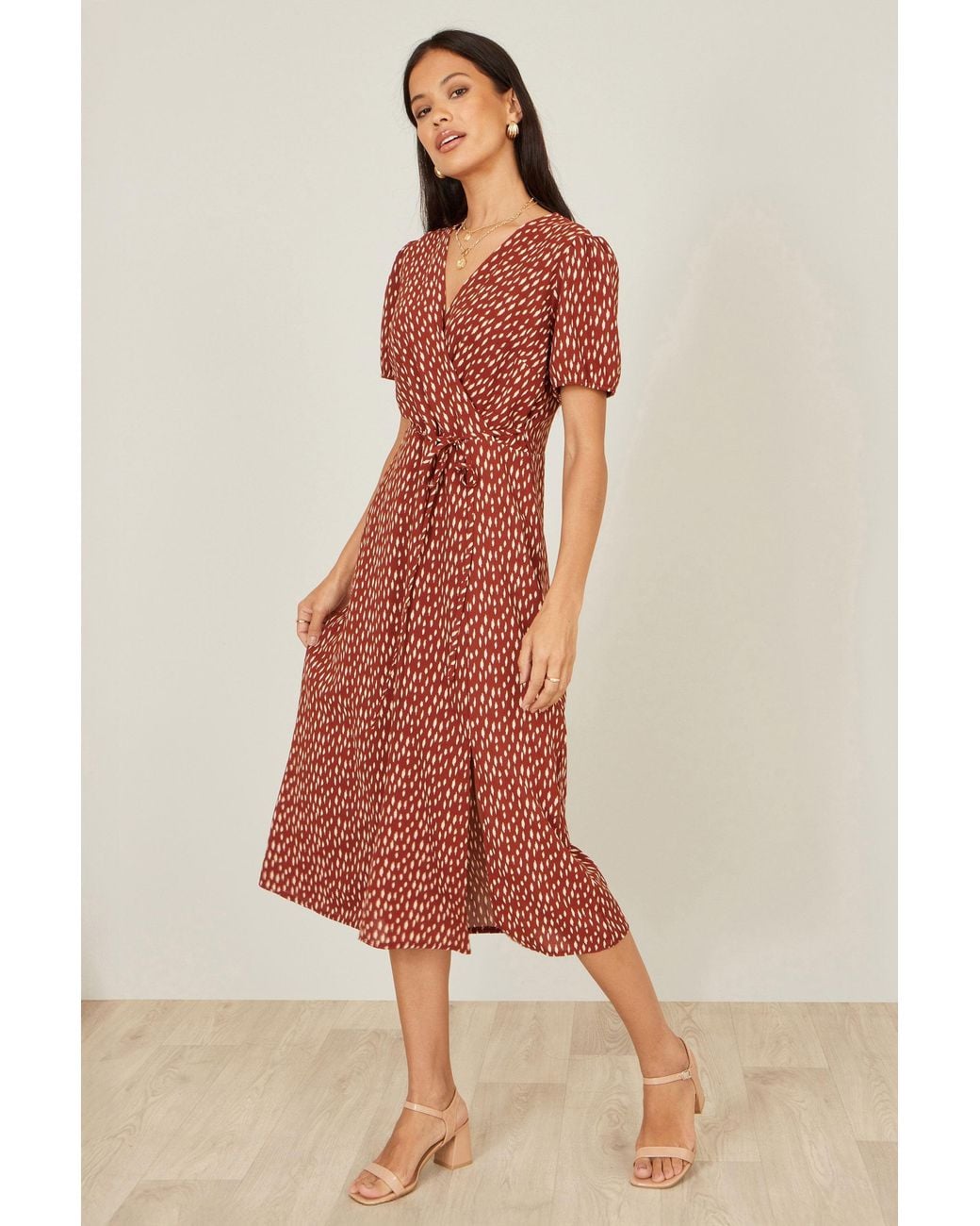 Yumi' Red Spot Wrap Midi Dress
