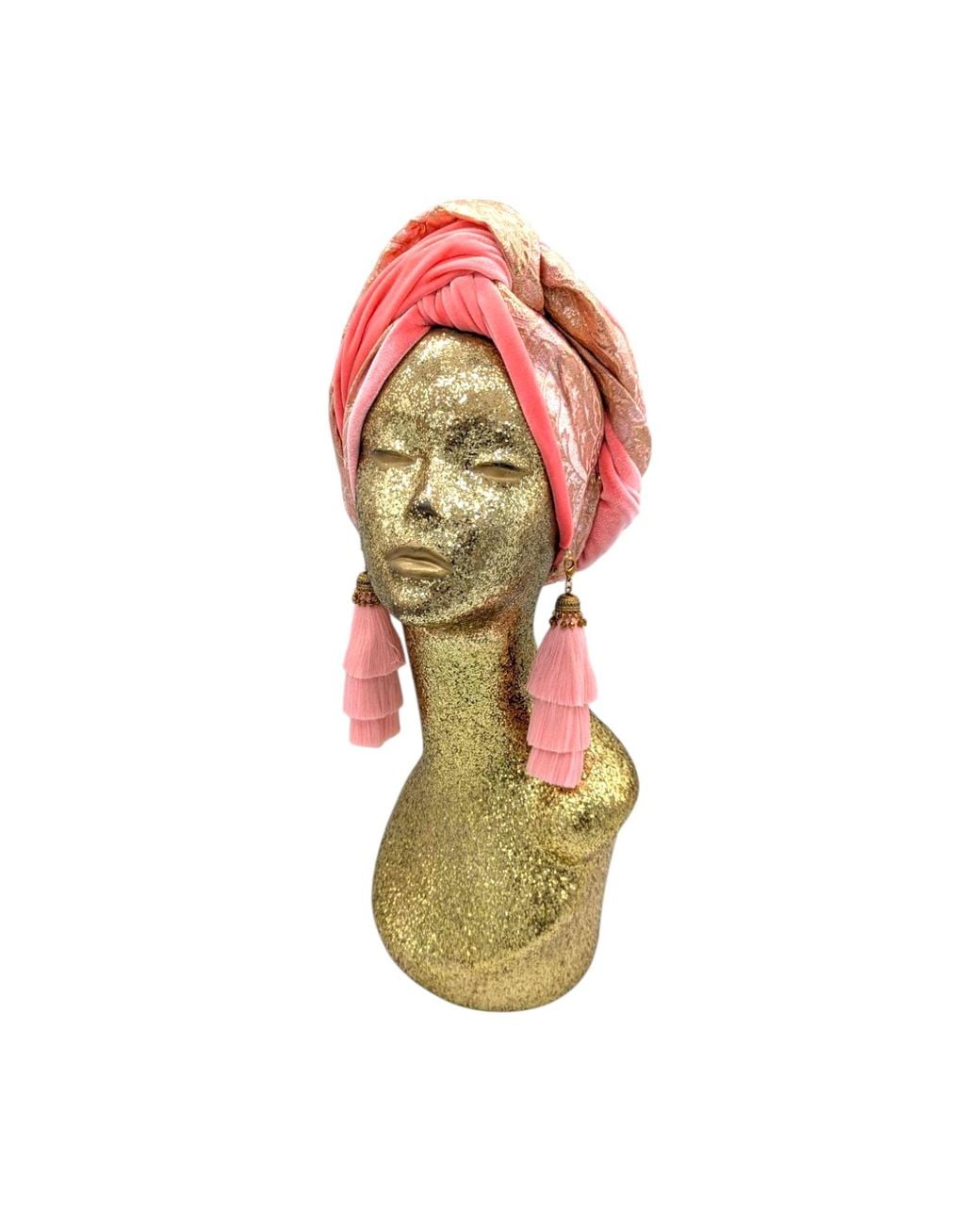 Julia Clancey Red Golden Brocade & Coral Velour Luxe Swinglette Turban