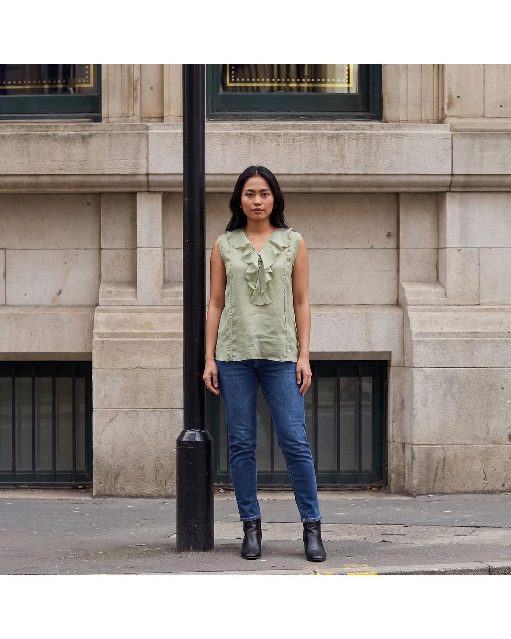 Modenaire Green Sleeveless Ruffle Front Blouse With Lace Inset Trim And V Neckline