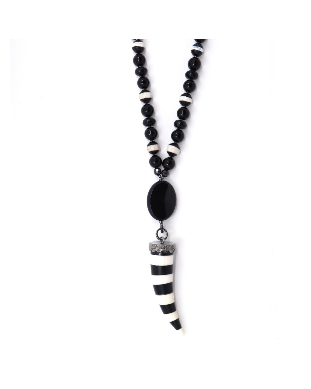 Shar Oke Metallic Tibetan Agate, Onyx & Stripped Resin Pendant Beaded Necklace