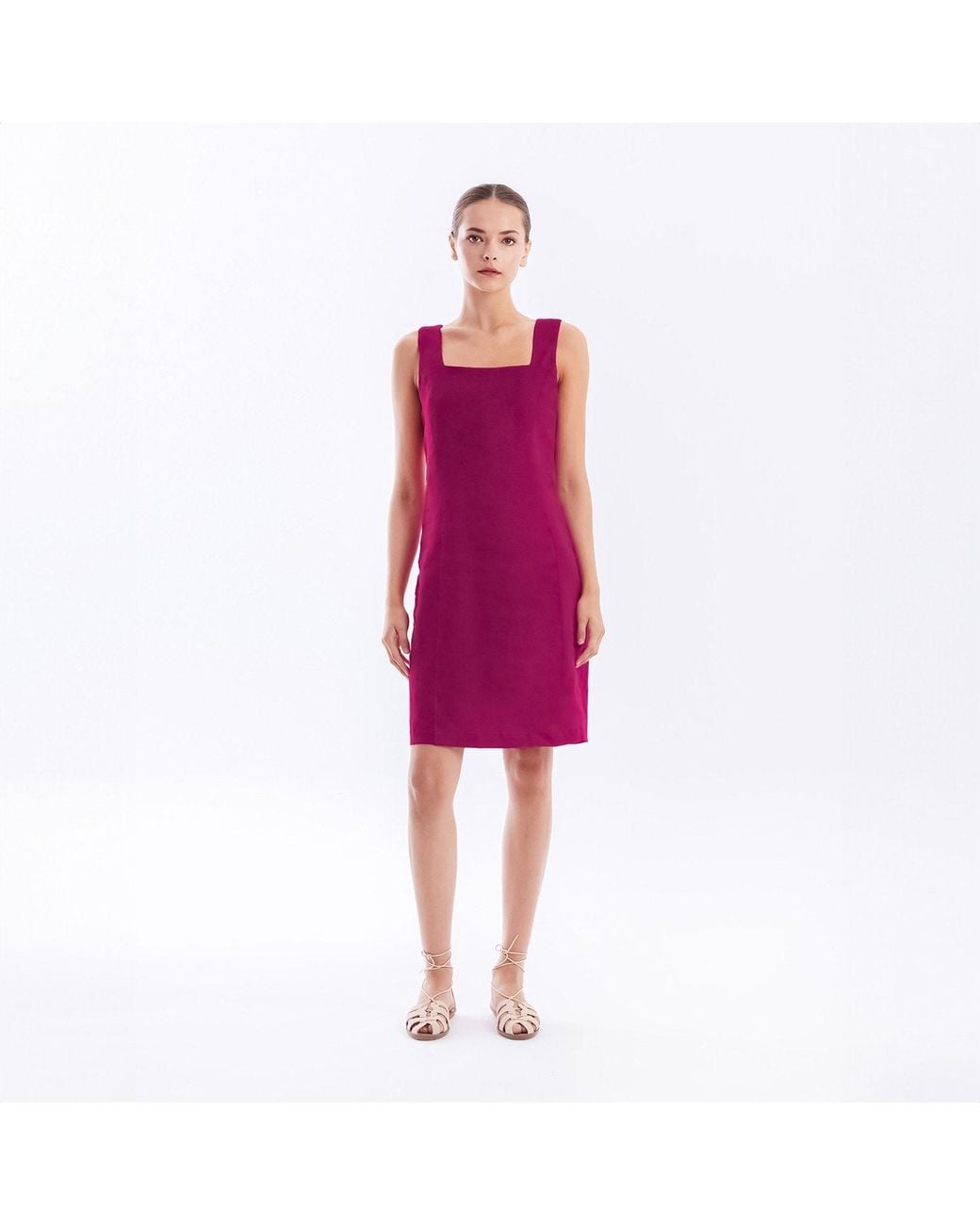 Haris Cotton Purple Mini Linen Dress Square Neckline Pomegranate