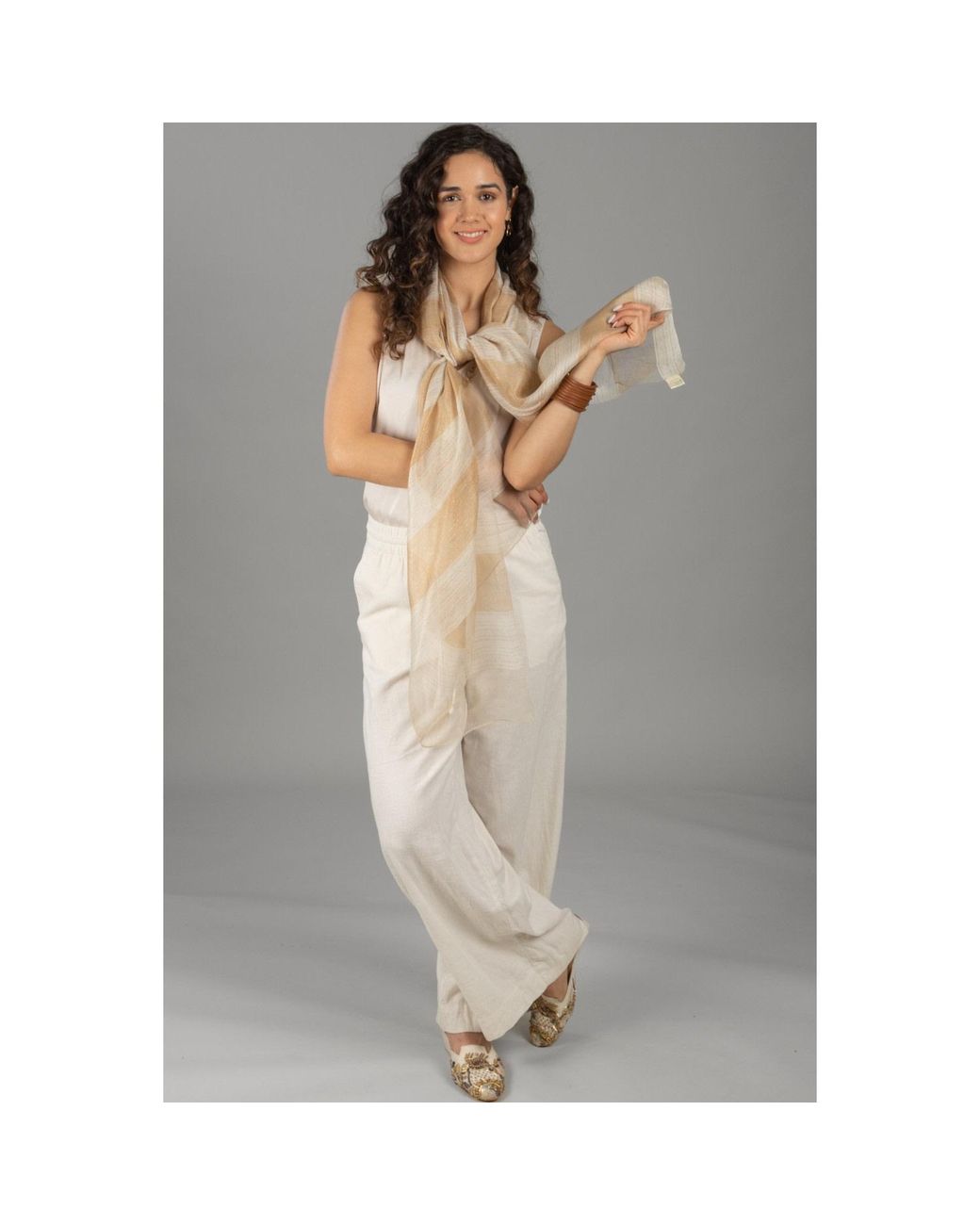 Saachi Metallic Silk Wool Shimmering Striped Moccasin Scarf