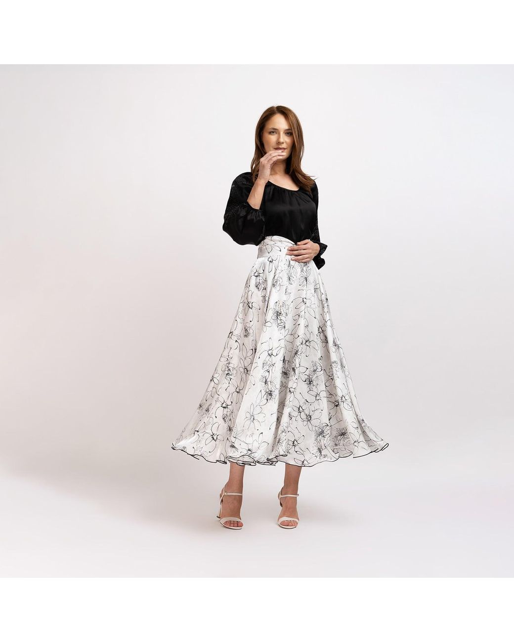 IZABELA MANDOIU White Floral Midi Viscose Skirt