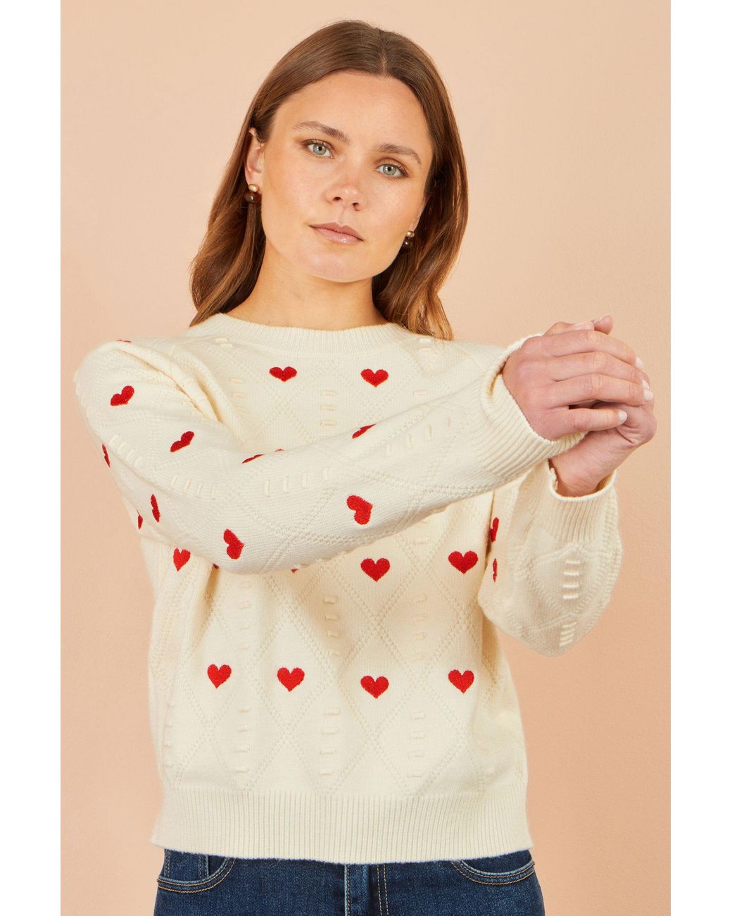 Yumi' Pink Ivory Embroidered Heart Jumper