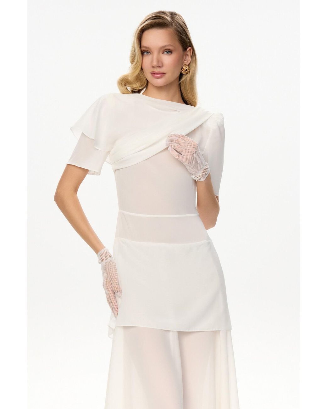 POST MERIDIEM White Chiffon Asymmetrical Midi Dress