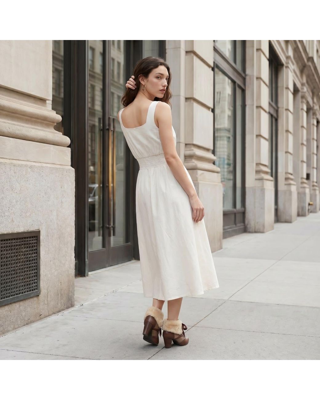 Modenaire White Neutrals Smocked Midi Dress Refined Slit