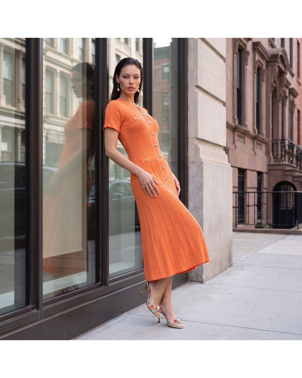 Modenaire Orange Button Front Knit Midi Dress