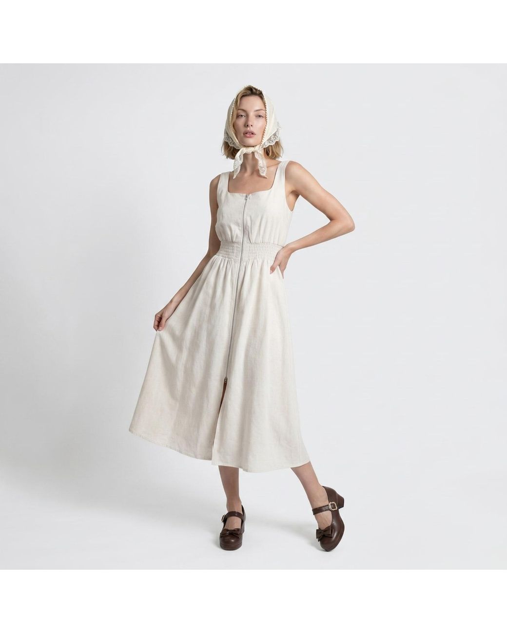 Modenaire White Neutrals Smocked Midi Dress Refined Slit