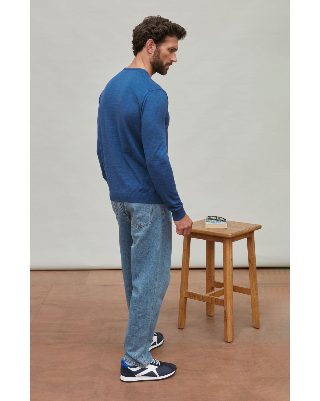 Paul James Knitwear Blue Extra Fine Merino Wool Calington Crew Neck Jumper for men