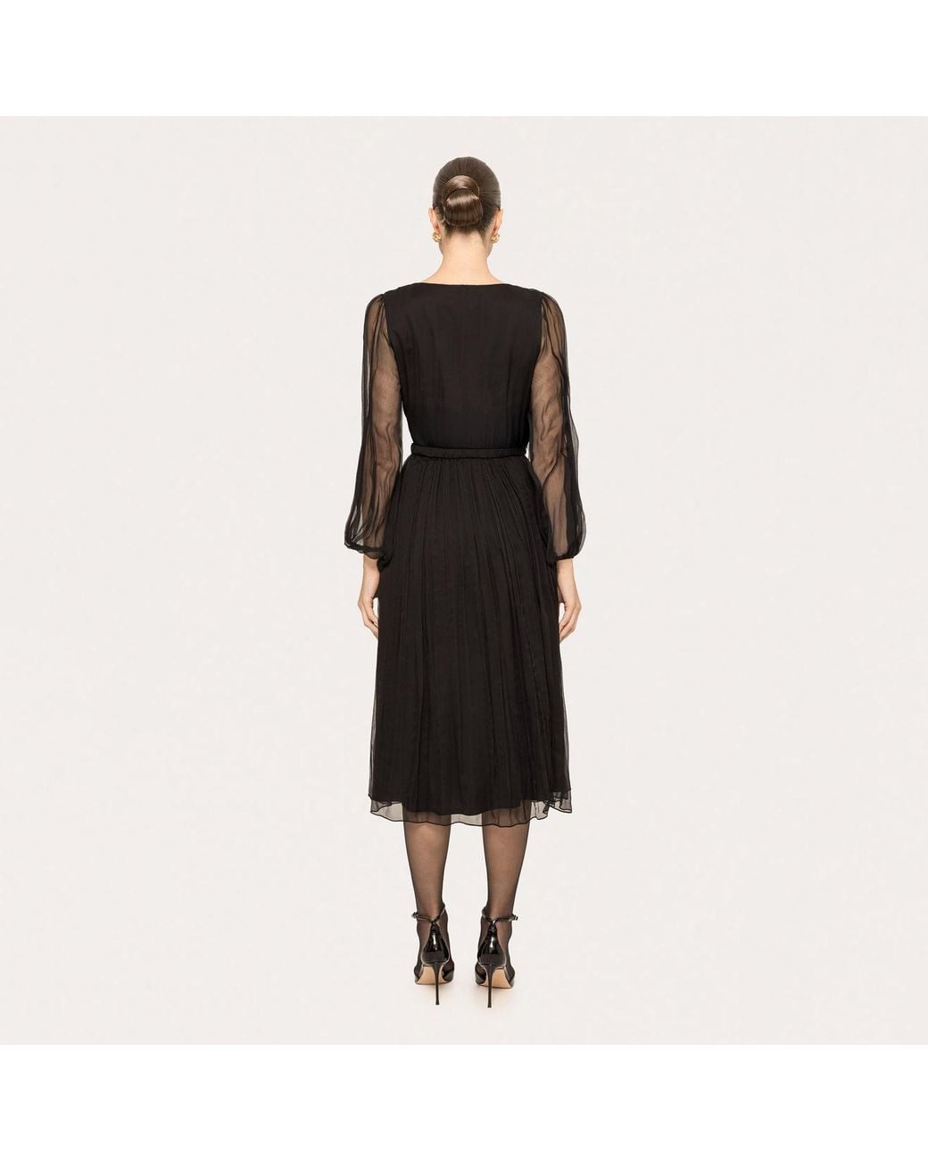 Nissa Black Floral-Applique Silk Midi Dress