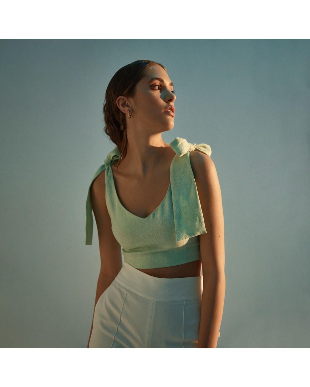 Lita Couture Green Bow Strap Linen Crop Top