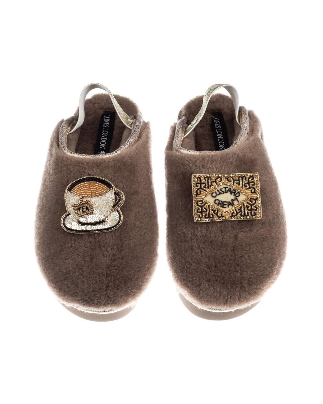 Laines London Brown Neutrals Flatform Cloud Closed Toe Slippers With Tea & Biscuit Brooches