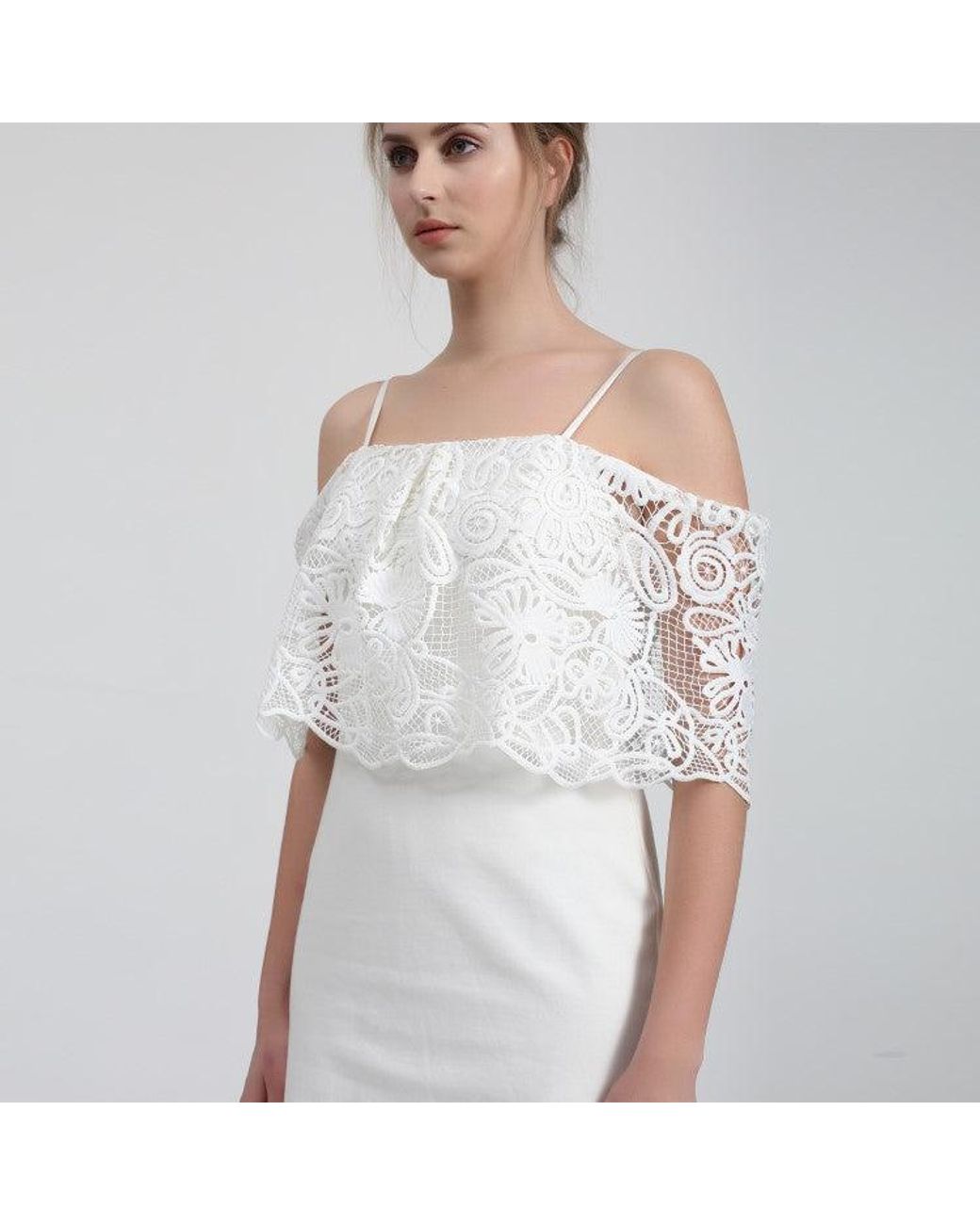Smart and Joy White Bardot Lace Trim Off-Shoulder Mini Dress