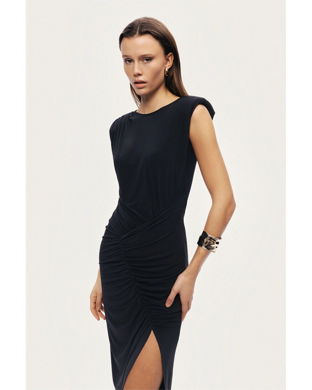 Nocturne Black Ruched Side-Slit Maxi Dress