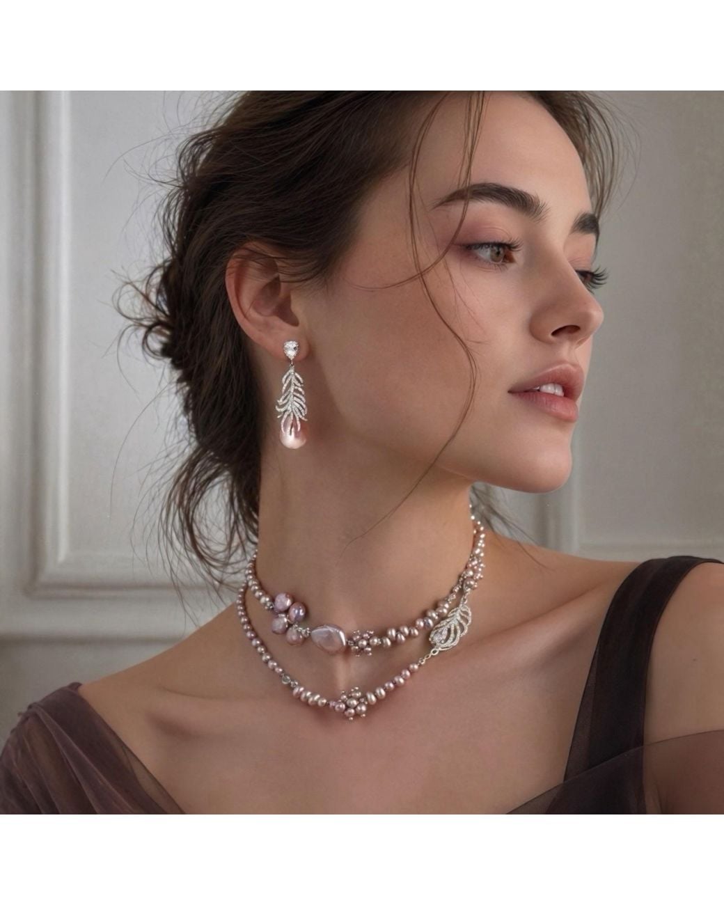 Ninemoo Pink Opulent Rose Petal Pearl Cascade Necklace