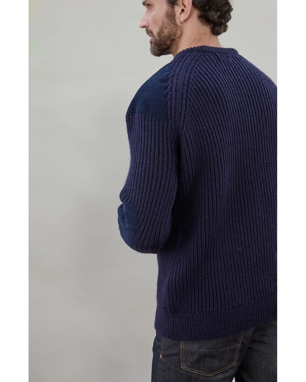 Paul James Knitwear Blue Chunky British Wool Hardy Ribbed Shooting Jumper for men