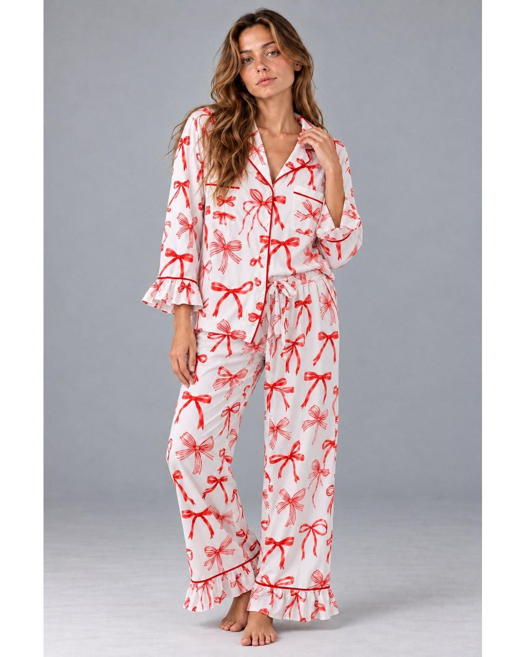 Carolina Benoit White Bow Print Luxury Pajama Set Long