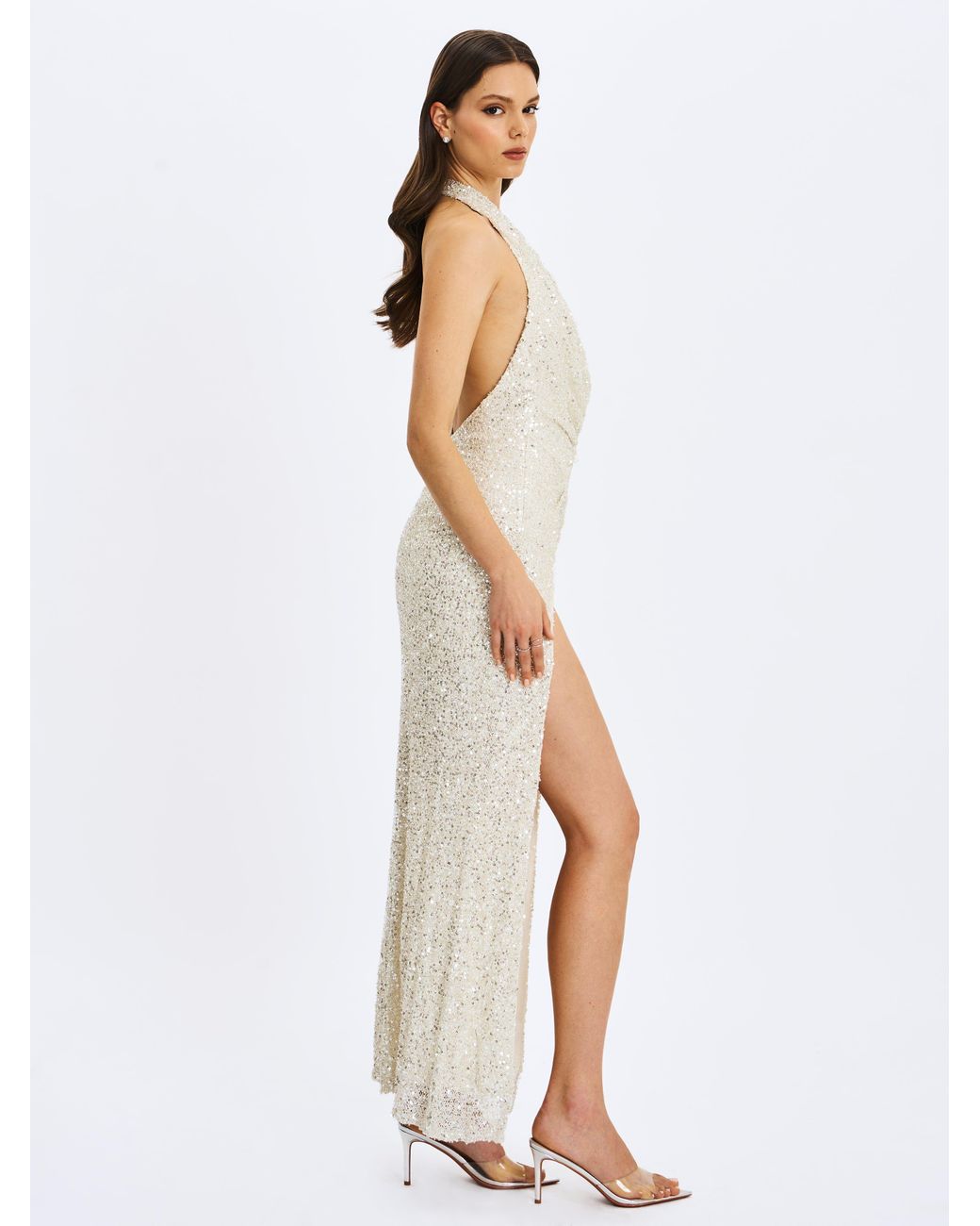 Miss Circle New York White Niamh Golden Beaded Cowl Halter Backless Maxi Dress