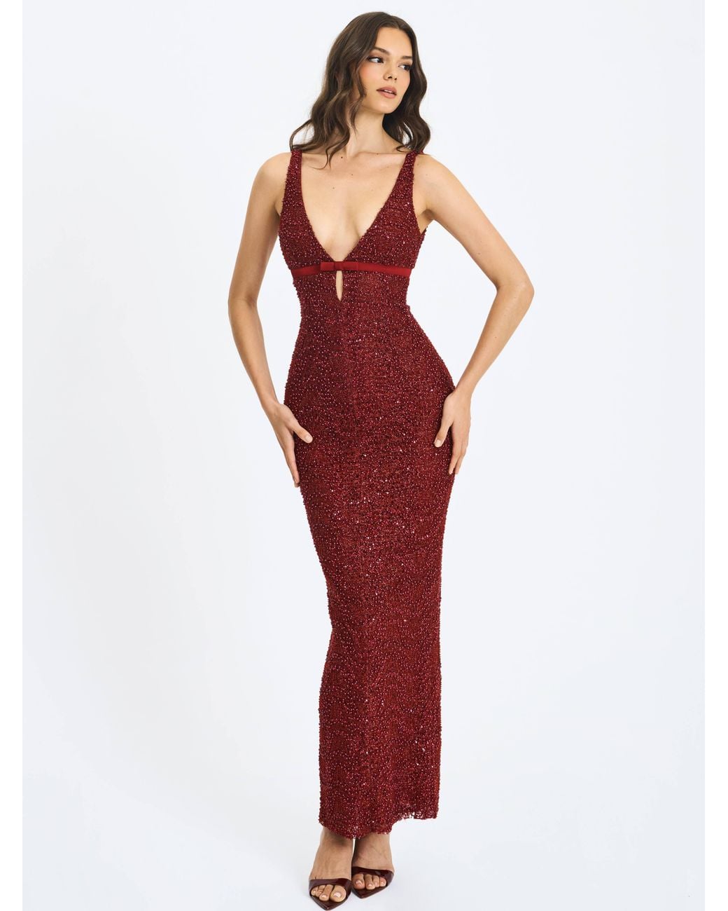 Miss Circle New York Red Elora Crimson Sequin Beaded Keyhole Maxi Dress