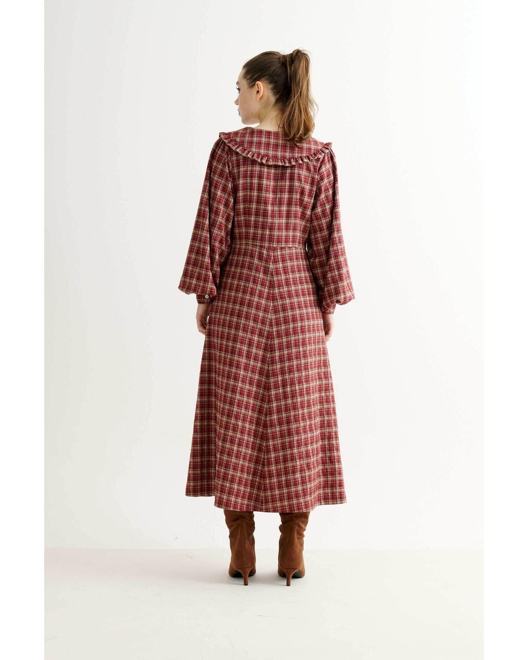 Louche Red Alva Shadow Check Long Sleeve Midi Dress