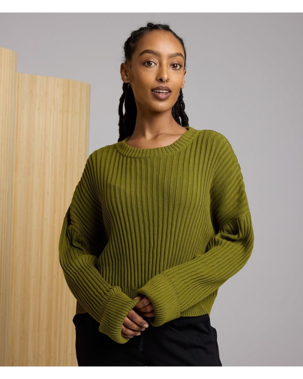 Known Supply Green Cropped Ribbed Sweater