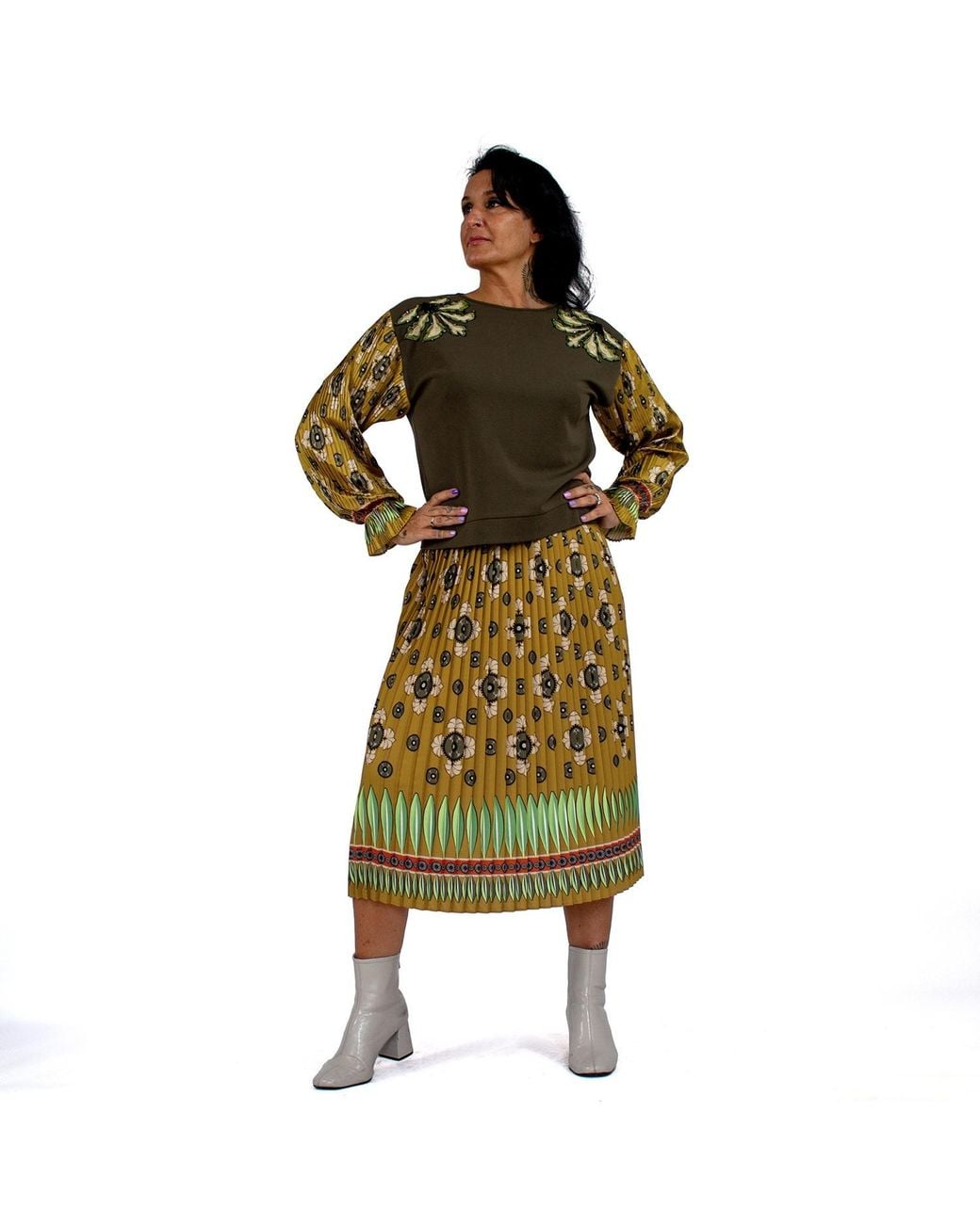 Lalipop Design Green Abstract Khaki Flower Print Pleated Midi Skirt