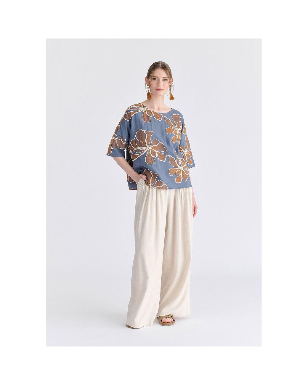 Paisie Blue Floral Embroidered Relax Fit Top