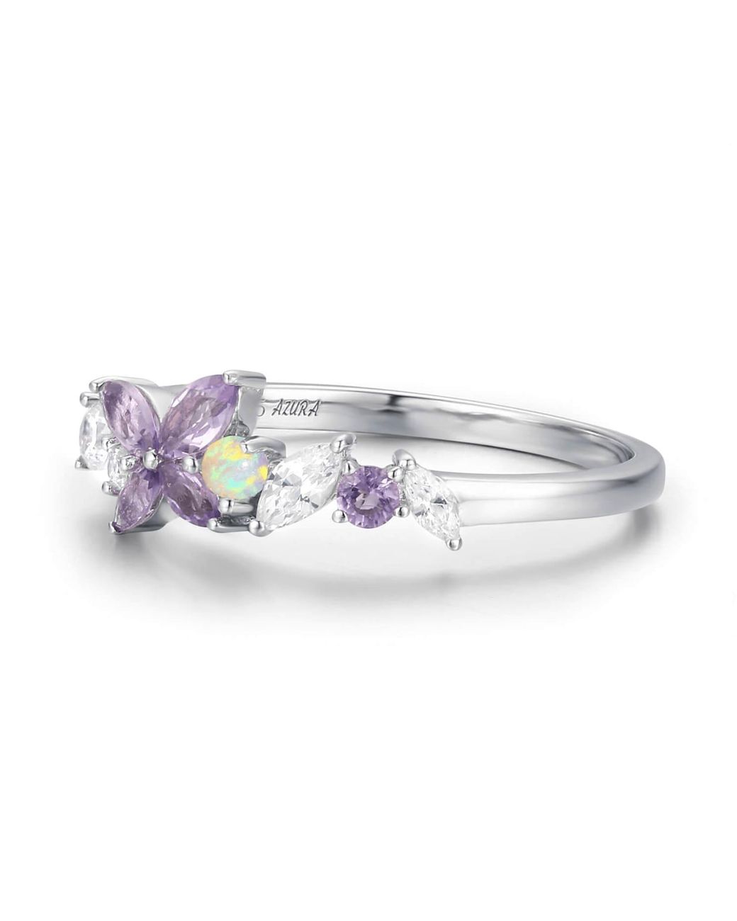 Azura Jewelry New York White Monarch Butterfly Amethyst Opal Ring Solid