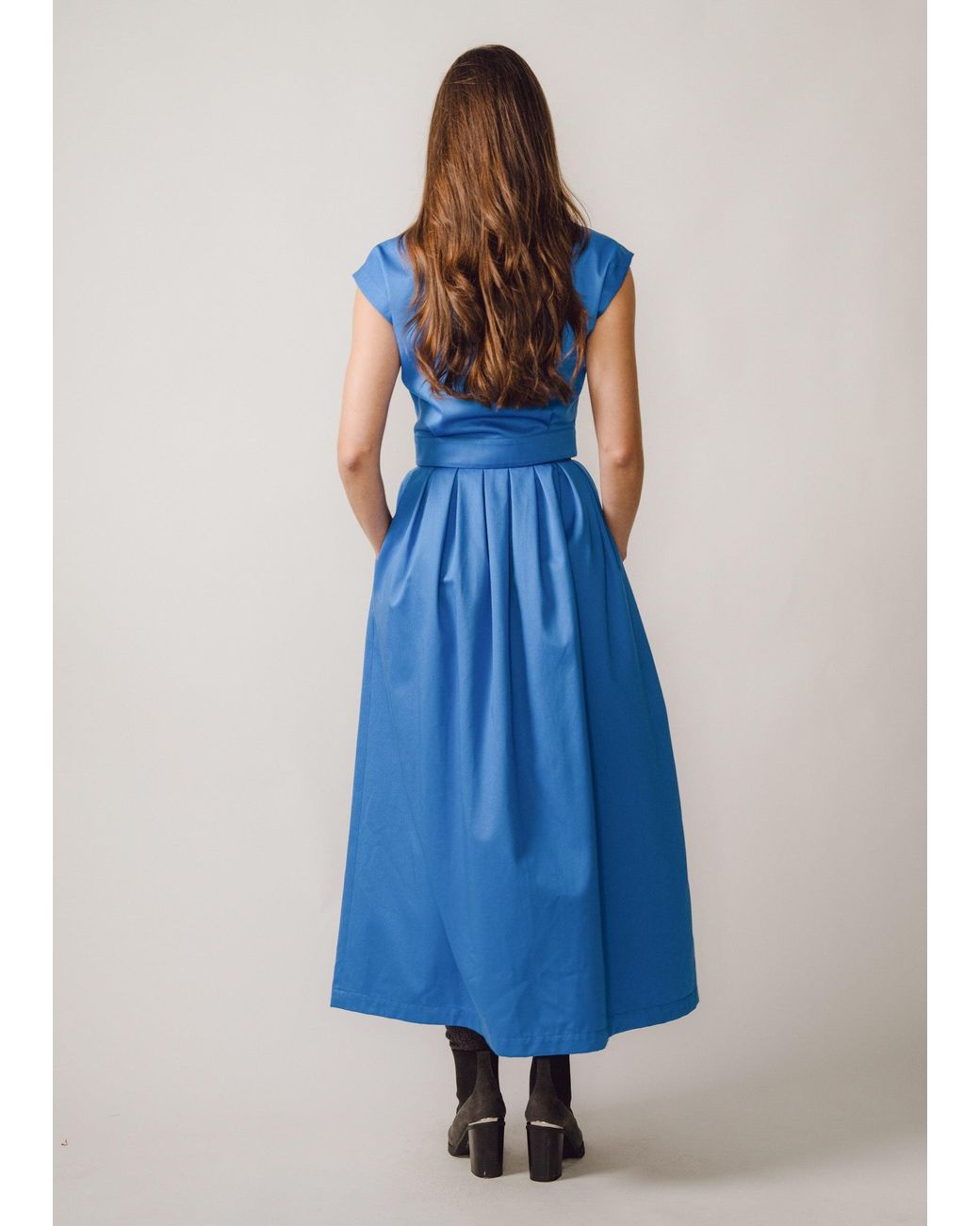 BEIRA Blue Anna Full-Length Cornflower Pleated Cotton Skirt
