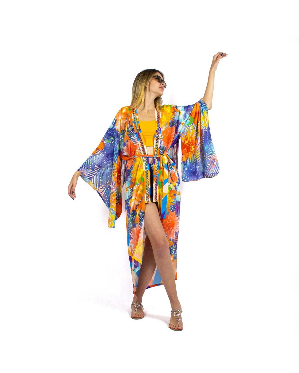 Lalipop Design Orange Viscose Kimono With Embroidery & Fringe Details