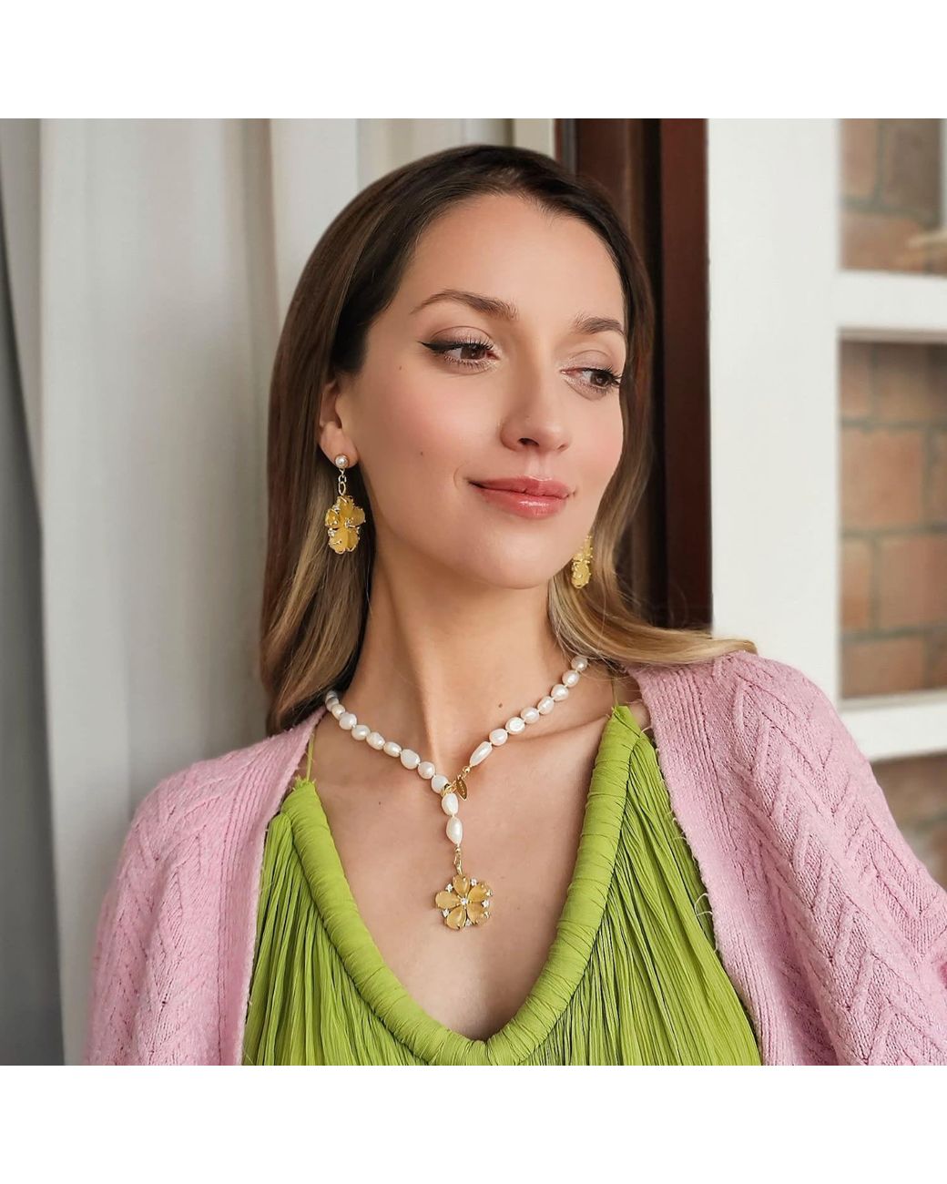 Farra Metallic Citrine Flower Dangle Statement Earrings