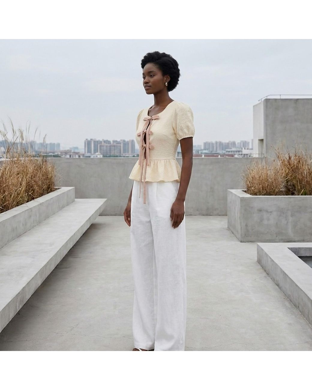 Modenaire Natural Neutrals Peplum Blouse Sculpted Sleeve Bow Detail
