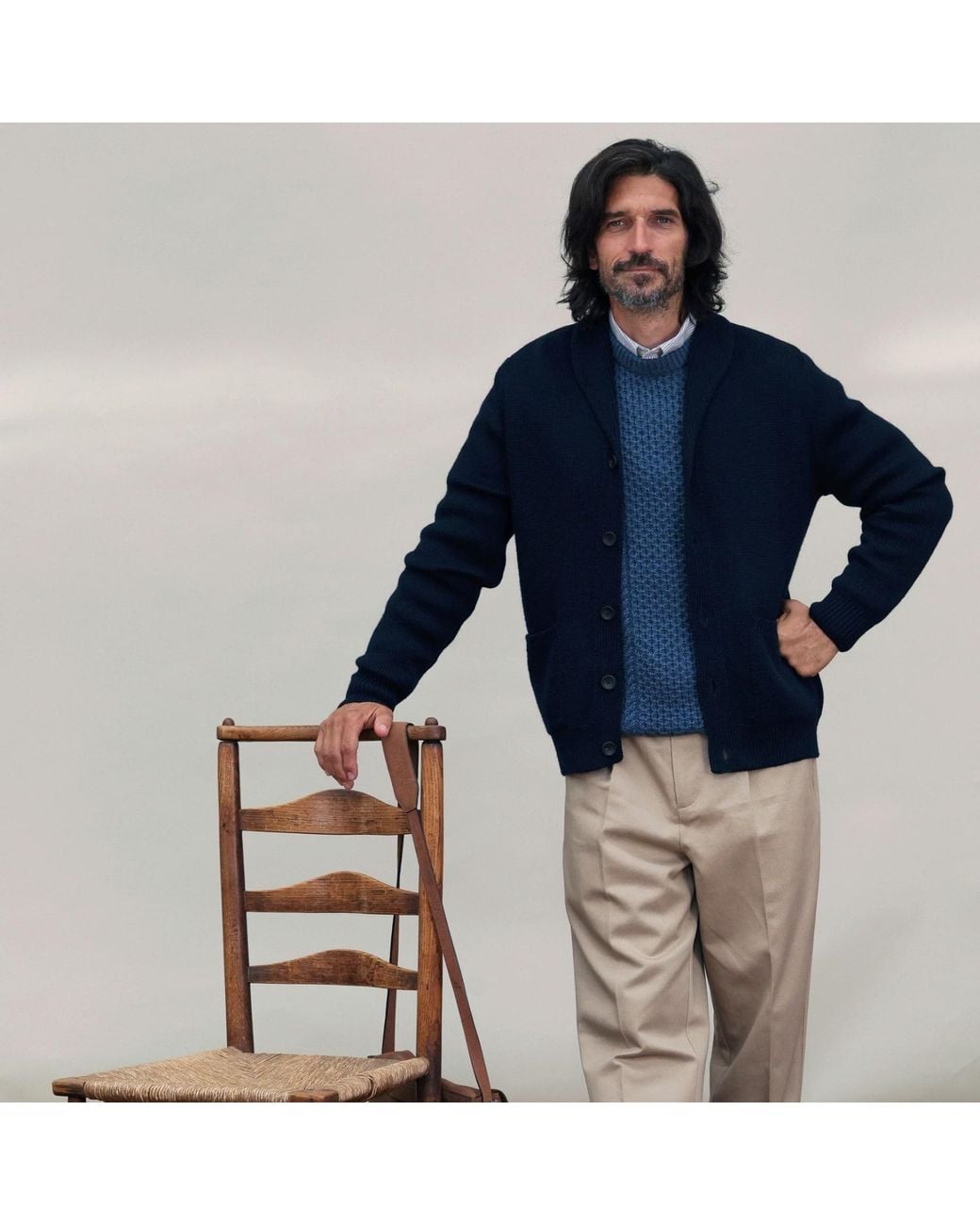 Paul James Knitwear Blue Chunky Merino Wool Marello Shawl Collar Cardigan for men
