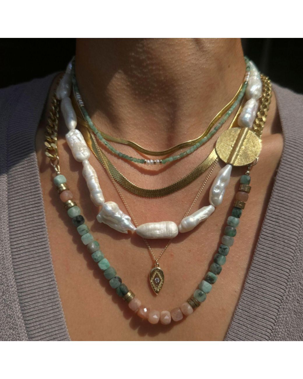 Rachel Nathan Metallic Neutrals Biwa Pearl & Brass Medallion Necklace