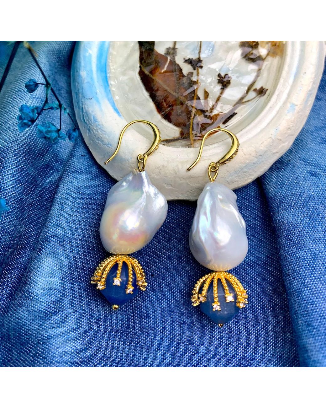 Farra Blue Baroque Pearl With Aventurine Dangle Earrings