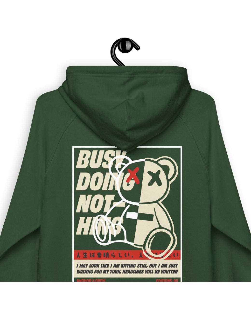 Anchor and Crew Green Bottle Four Busy Doing Nothing Editions Organic Cotton Hoodie for men