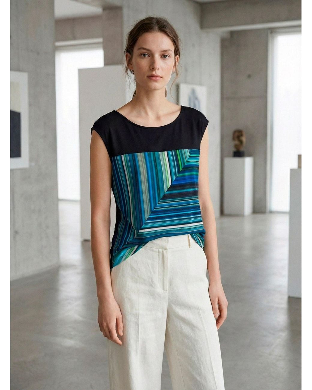 Conquista Blue Geometric Stripe Sleeveless Top — Modern Lines, Bold Color & Effortless Sophistication