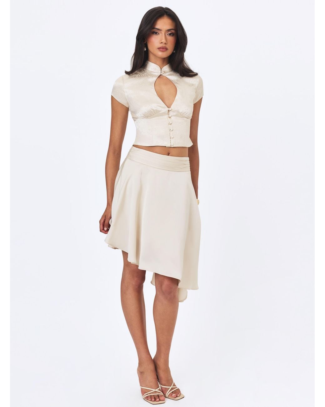 Miss Circle New York White Galilea Ivory Floral Jacquard Keyhole Mandarin Collar Top