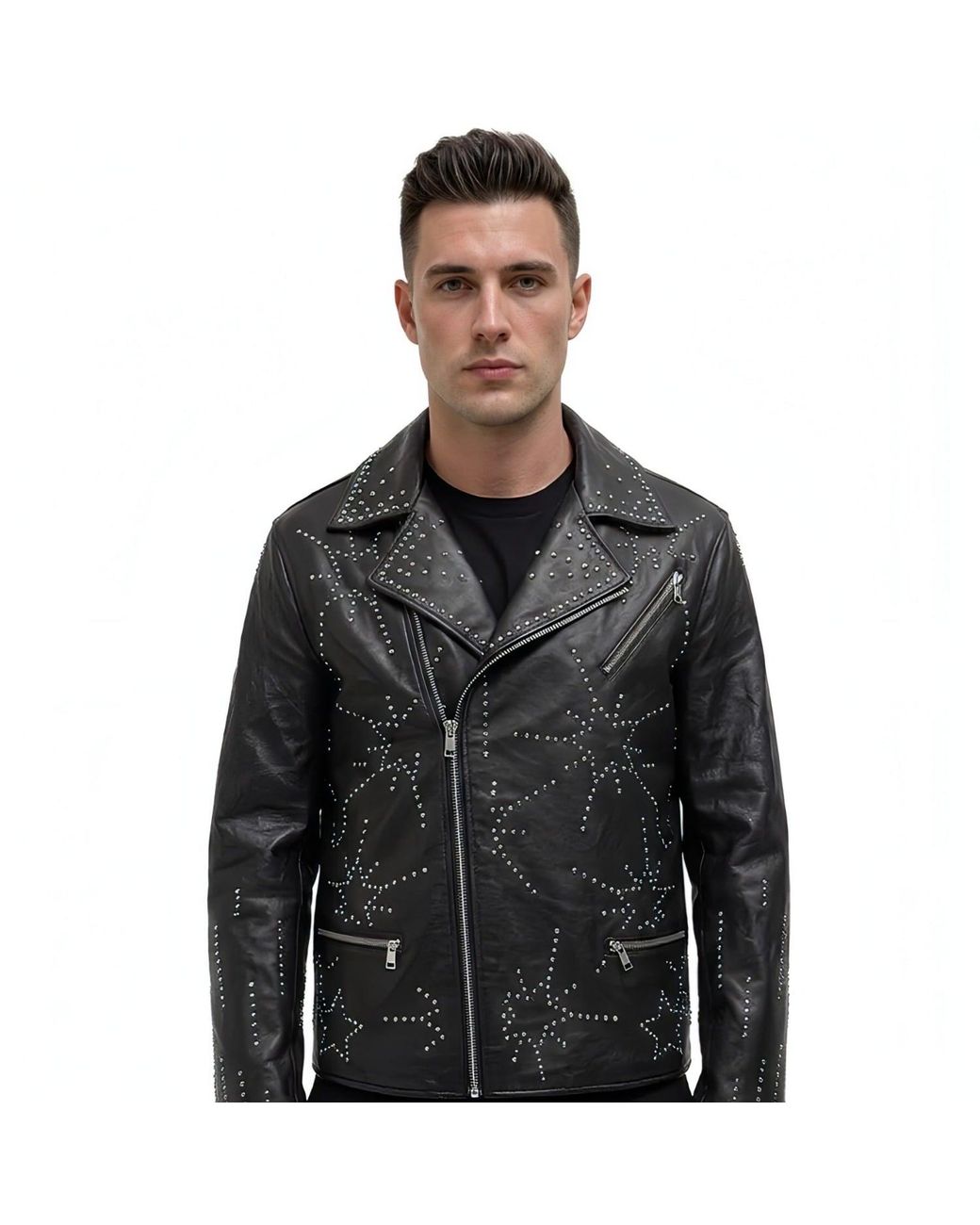 Any Old Iron Black Studded Starburst Leather Jacket for men