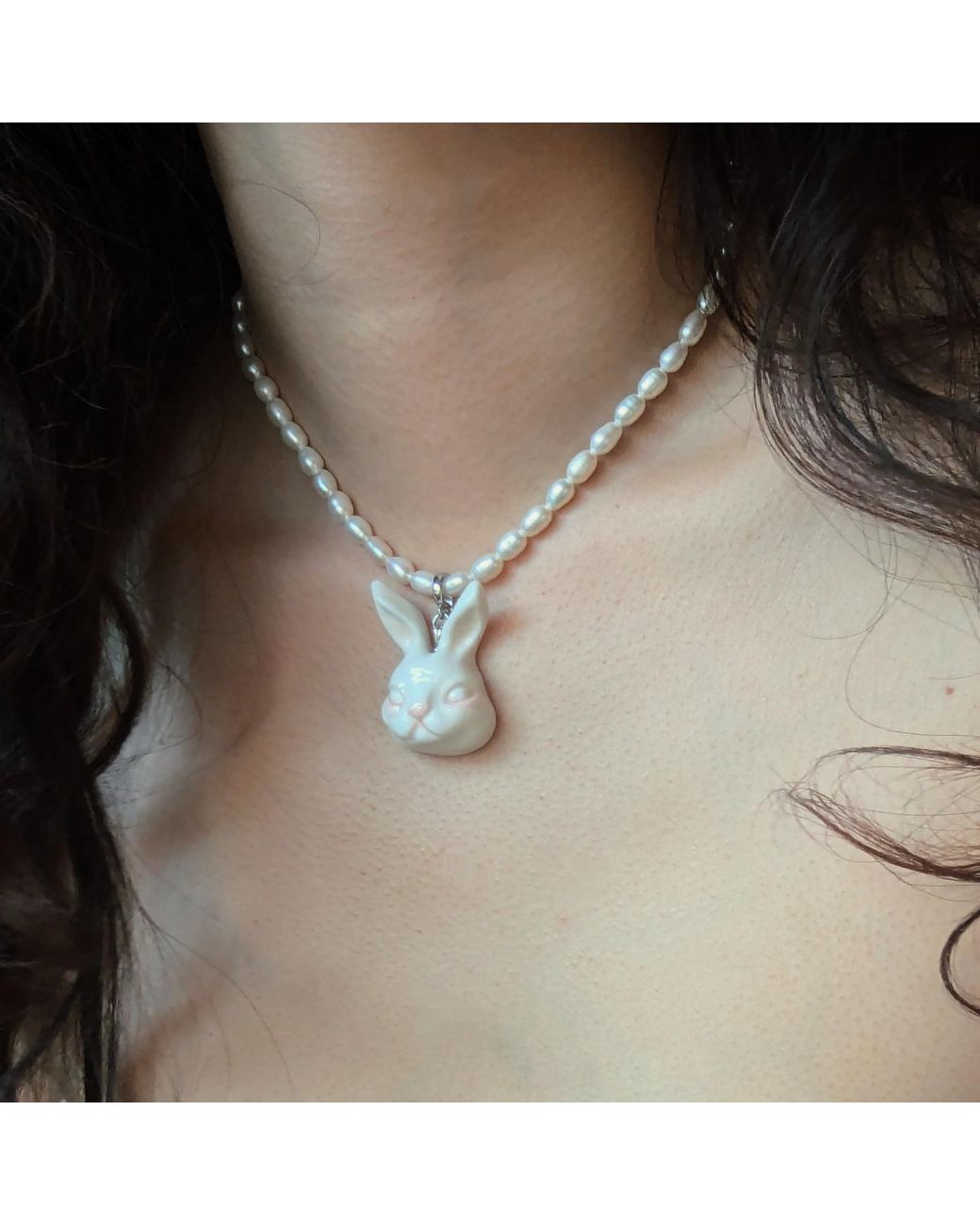 H2 Studio Metallic Grumpy Bunny Porcelain Freshwater Pearl Necklace