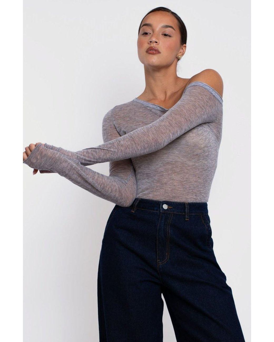 Vænn Gray Remsen One Shoulder Sheer Knit Cloud Melange