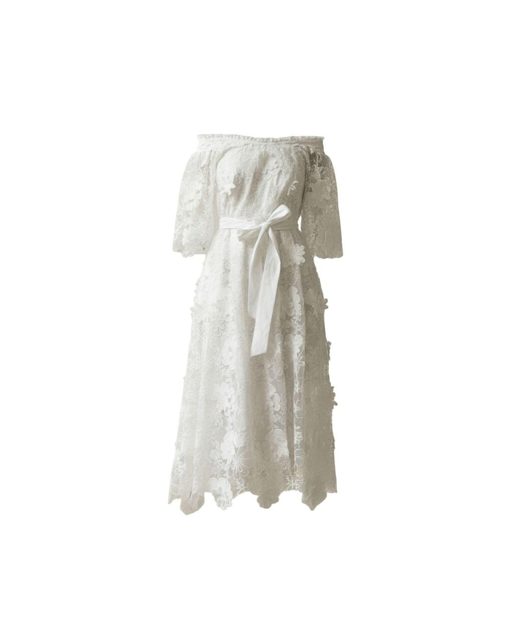 IZABELA MANDOIU Natural Midi Dress With Off-Shoulder And Floral Appliqués