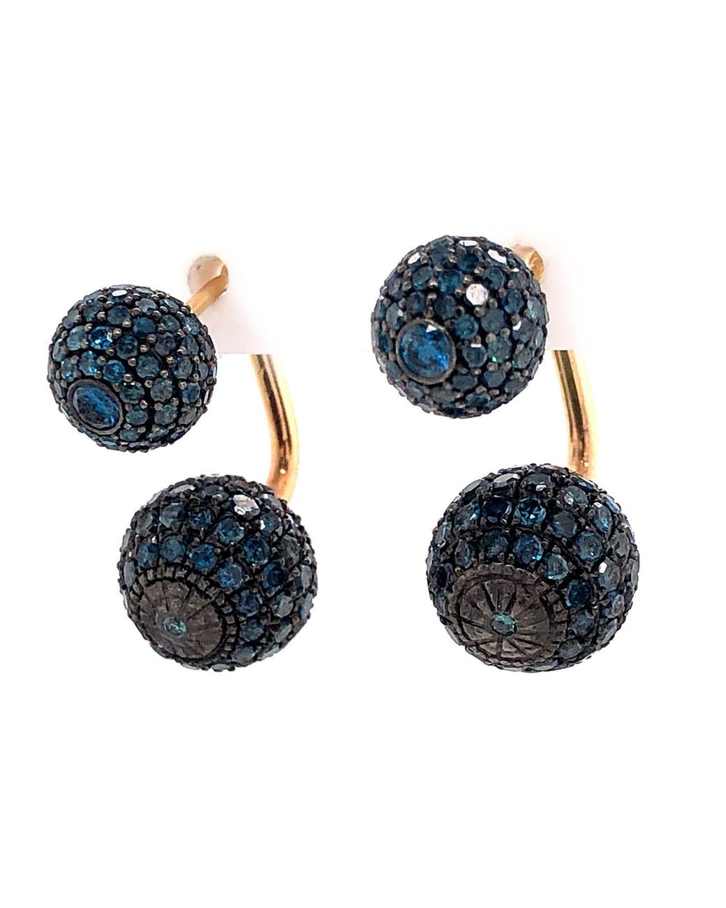 Artisan Blue Rose Diamond Pave Double Ball Front-Back Earrings