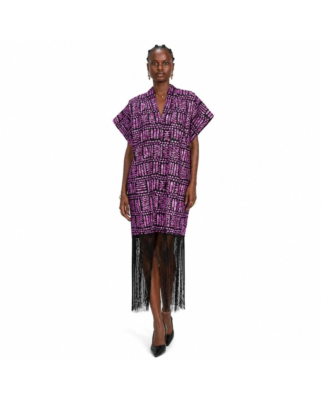 Chuks Collins Purple Ajah Collection – Print Fringe Midi Dress