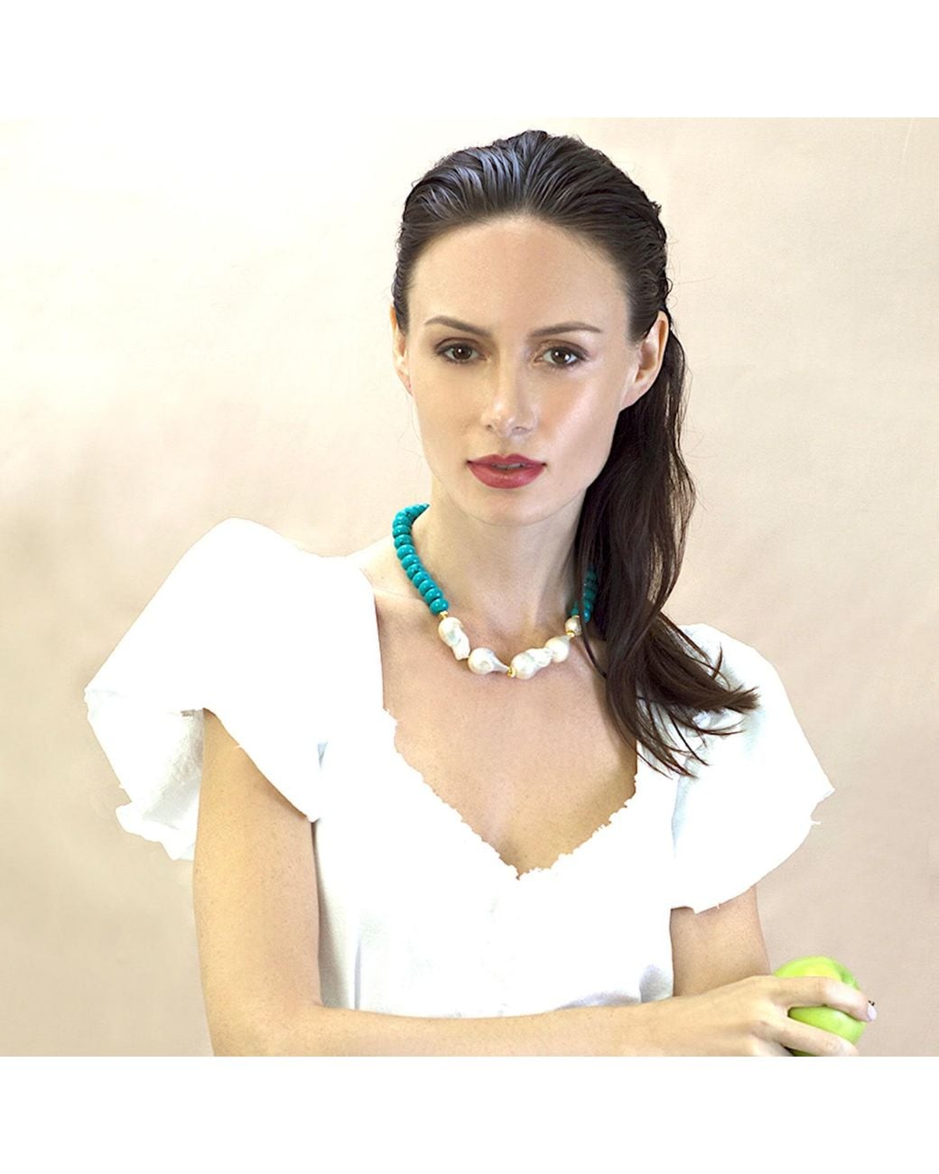 Farra Green With Baroque & Edison Pearls Short Necklace