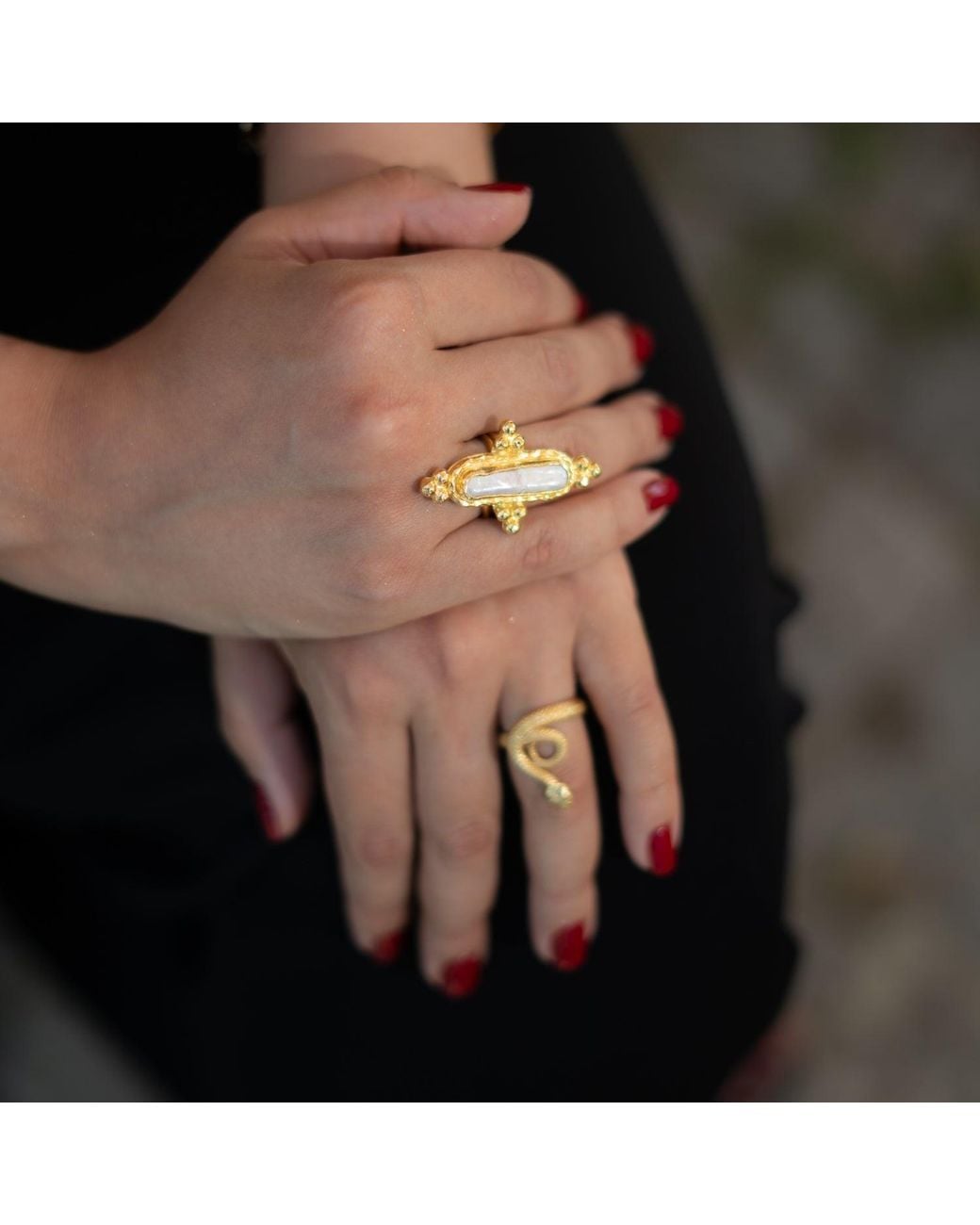 Ebru Jewelry Metallic Vintage Pearl Statement Adjustable Ring