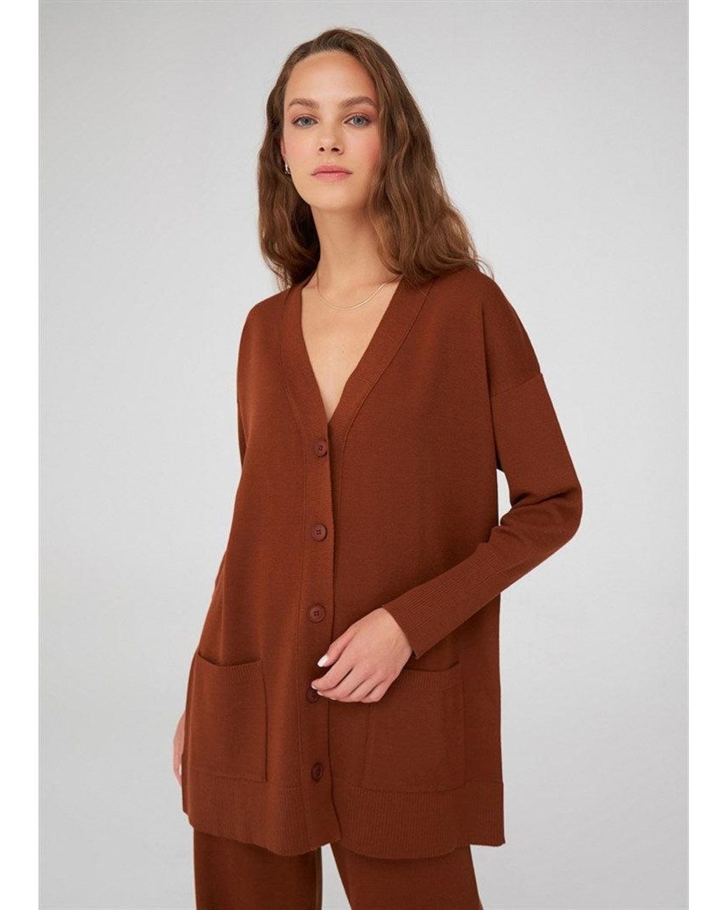 Peraluna Brown Nicola V-Neck Long Knit Cardigan