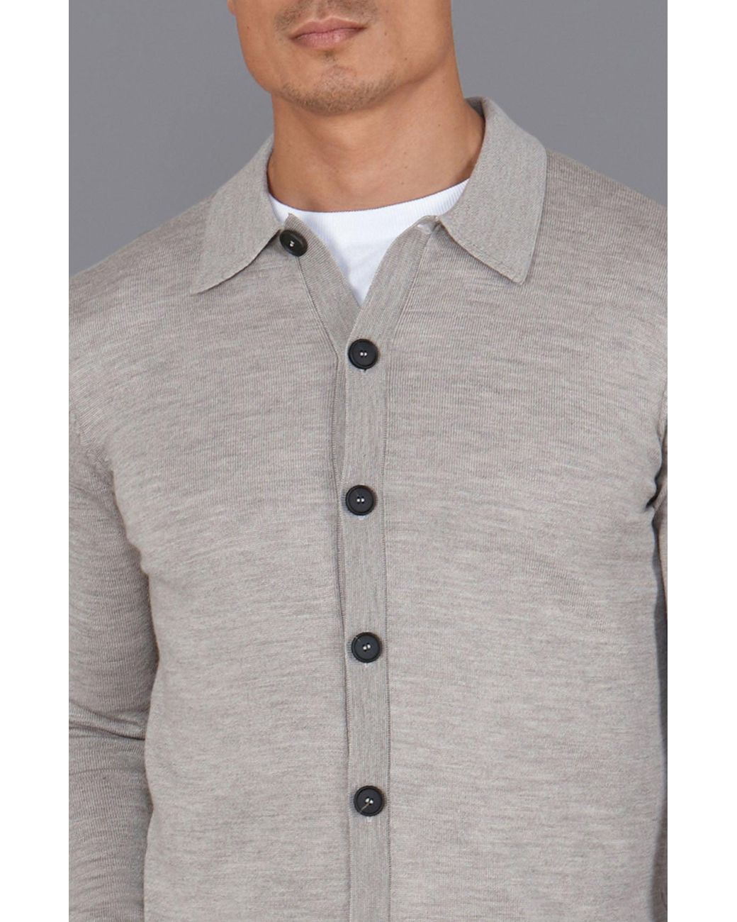 Paul James Knitwear Gray Extra Fine Merino Wool Cassius Polo Cardigan for men