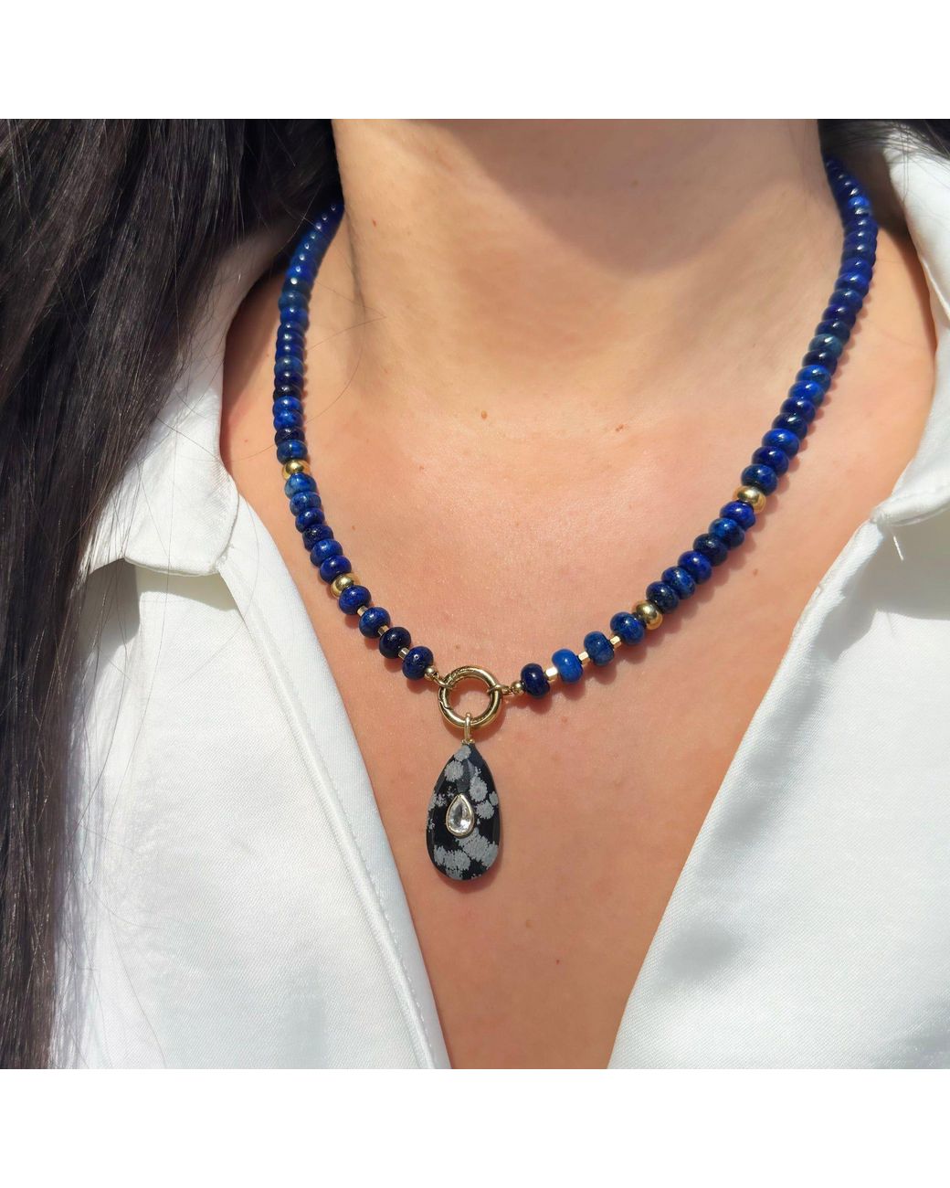 KAMARIA Black Snowflake Obsidian Gemstone Pendant With Topaz